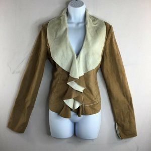 Au Lieu Womens Tan Brown Cardigan Sweater Ruffle Shawl Neck Long Sleeve Size S